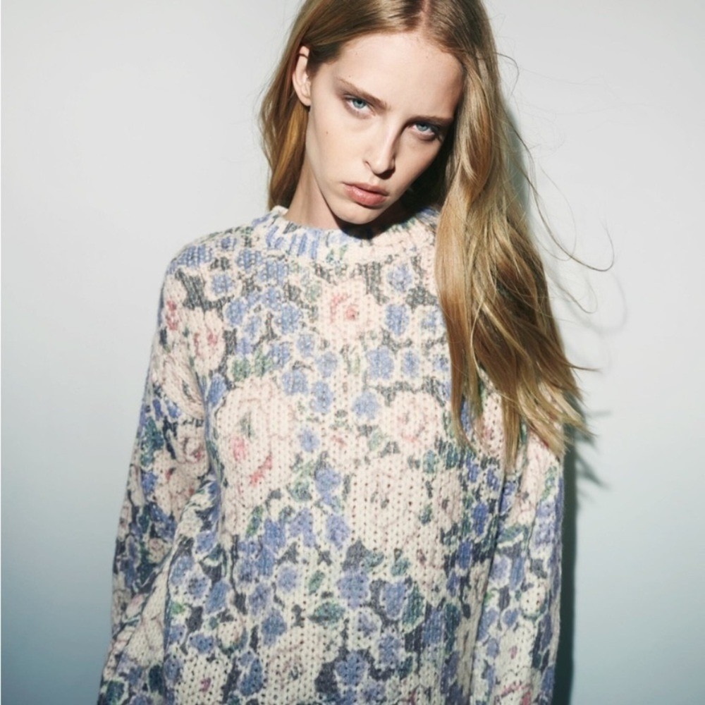 Zara Floral Crewneck Sweater — Cream, Blue, Pink, Green